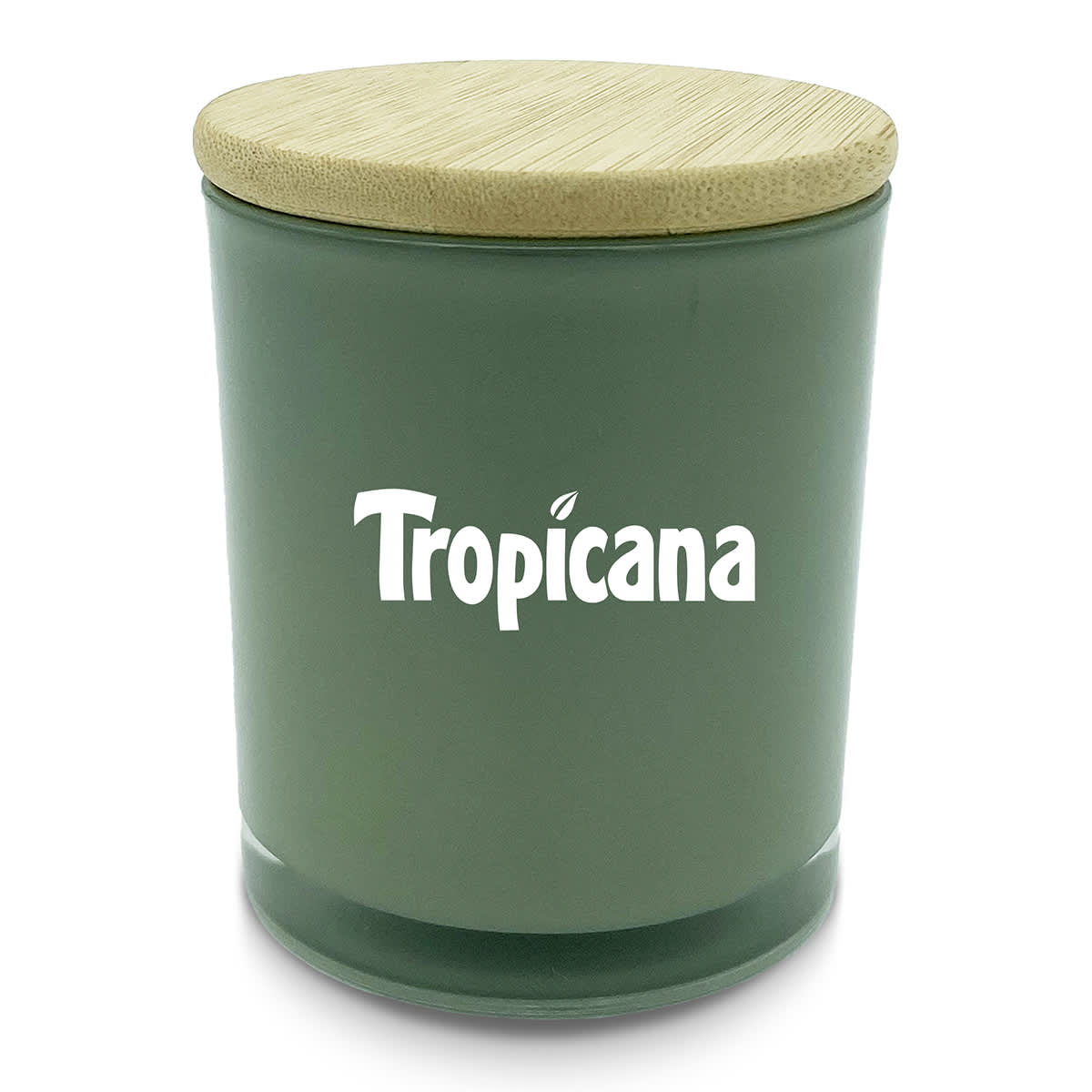 A large green scented candle with a bamboo lid and a logo on the front.