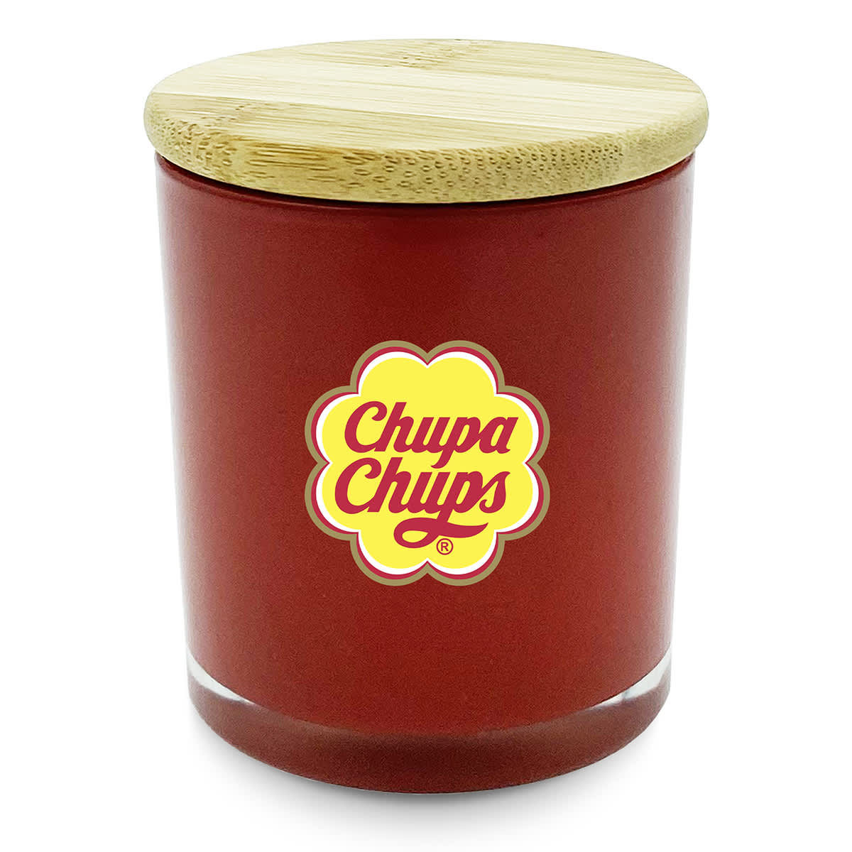 A large red candle with a bamboo lid, featuring a logo on the front.