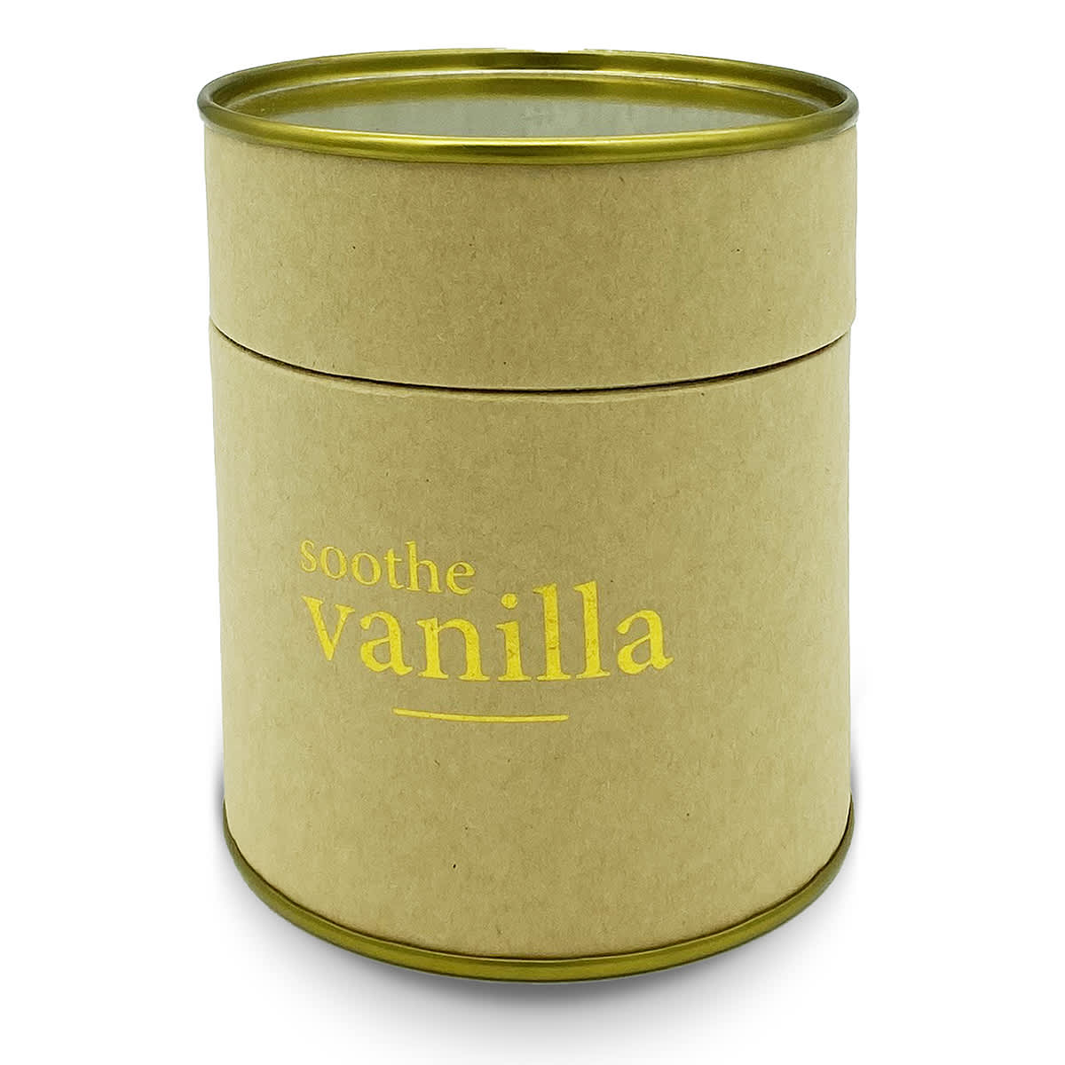 A large, cylindrical candle in a kraft paper container with a gold lid, labelled 