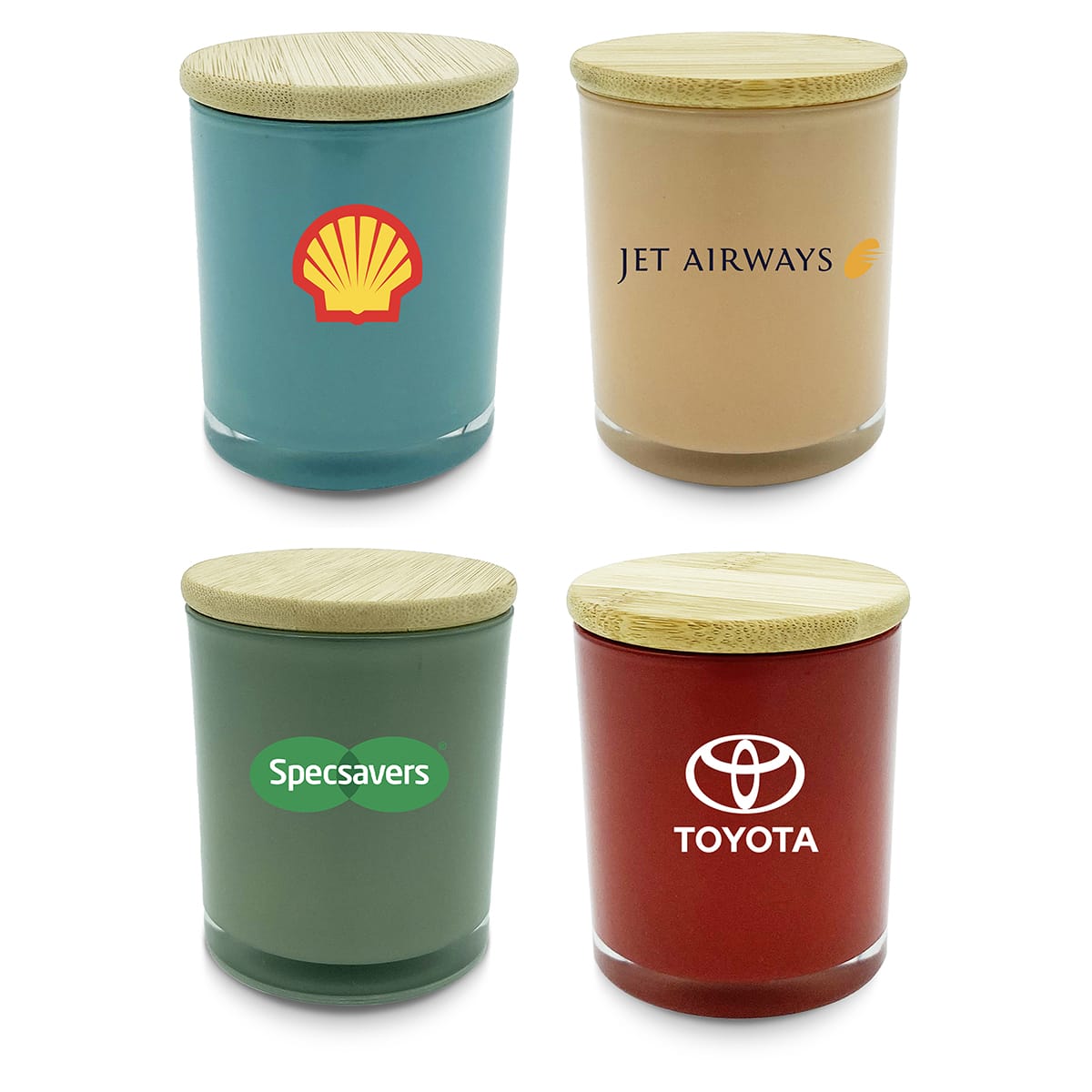Four medium candles with wooden lids in teal, cream, olive green, and burgundy, each featuring different brand logos.