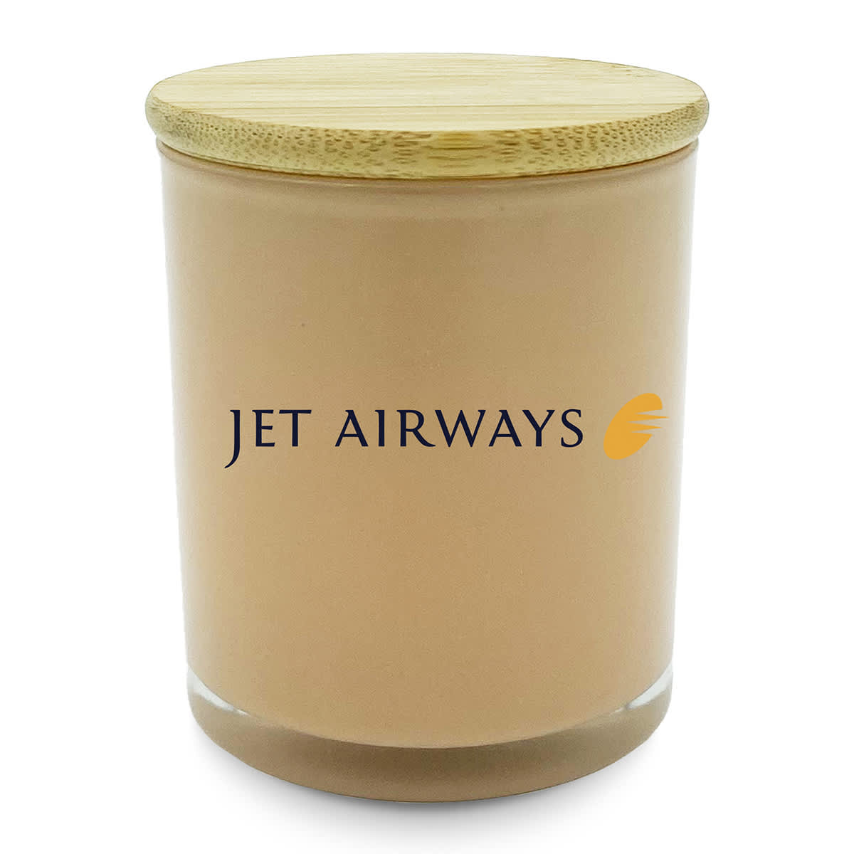 A medium relax candle in a peach-coloured glass jar with a bamboo lid and a branding logo.