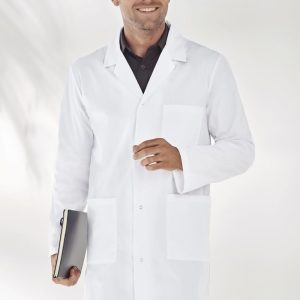 A unisex classic lab coat in white, featuring a button-up front and multiple pockets, worn by a smiling model holding a clipboard.