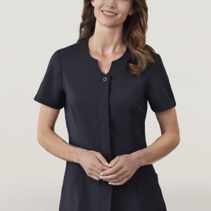 A women's black tunic featuring short sleeves, a button front, and two pockets. It has a logo.