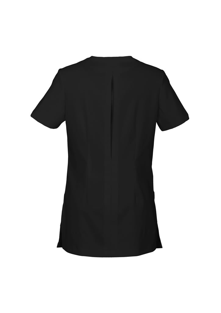 A black women's tunic with short sleeves and a back slit, featuring a simple and sleek design.