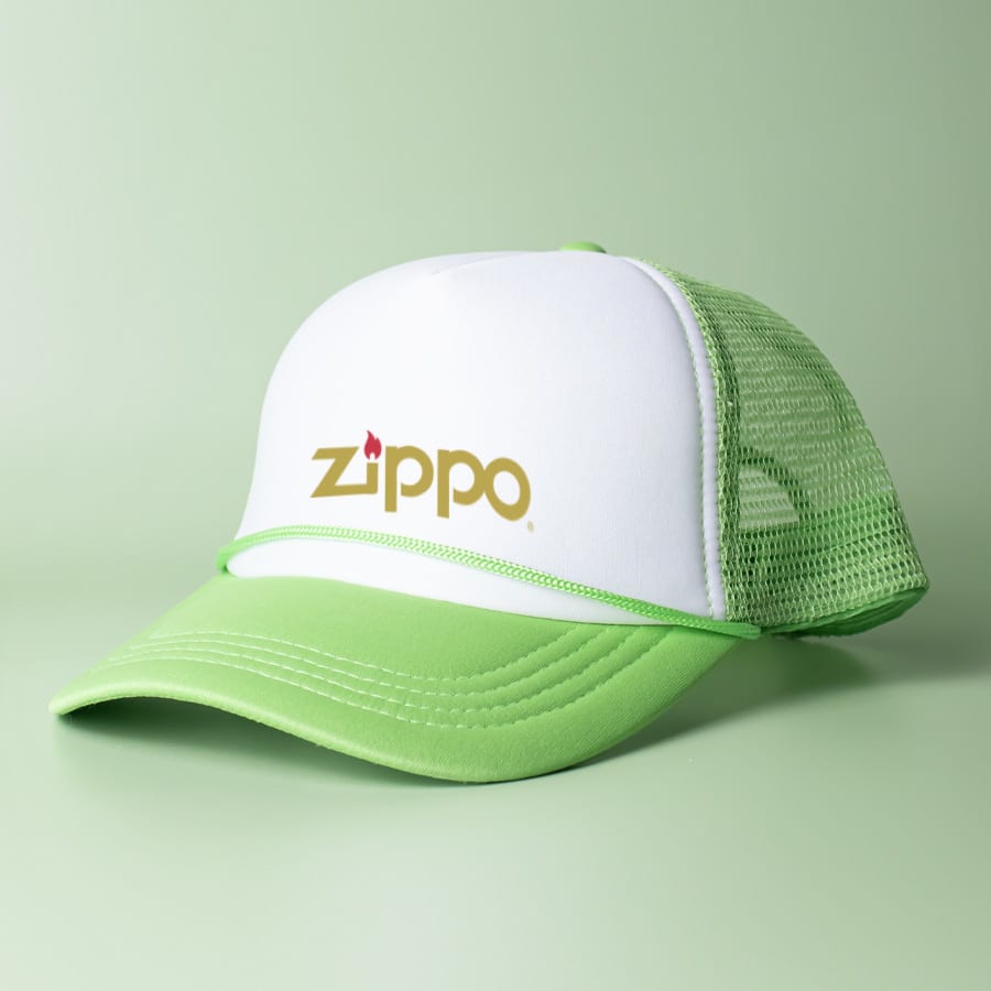 A green and white trucker cap featuring a mesh back and a logo on the front.