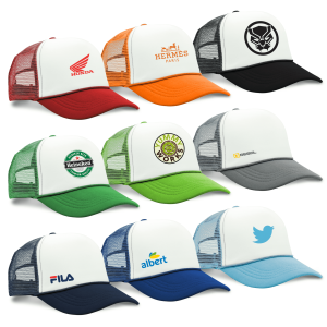 A collection of trucker caps in various colours, featuring different logos and designs, including red, orange, green, grey, and blue.