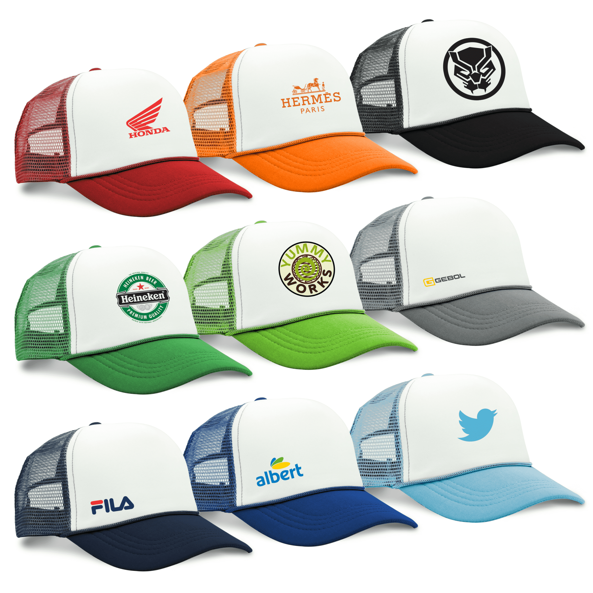 A collection of trucker caps in various colours, featuring different logos and designs, including red, orange, green, grey, and blue.