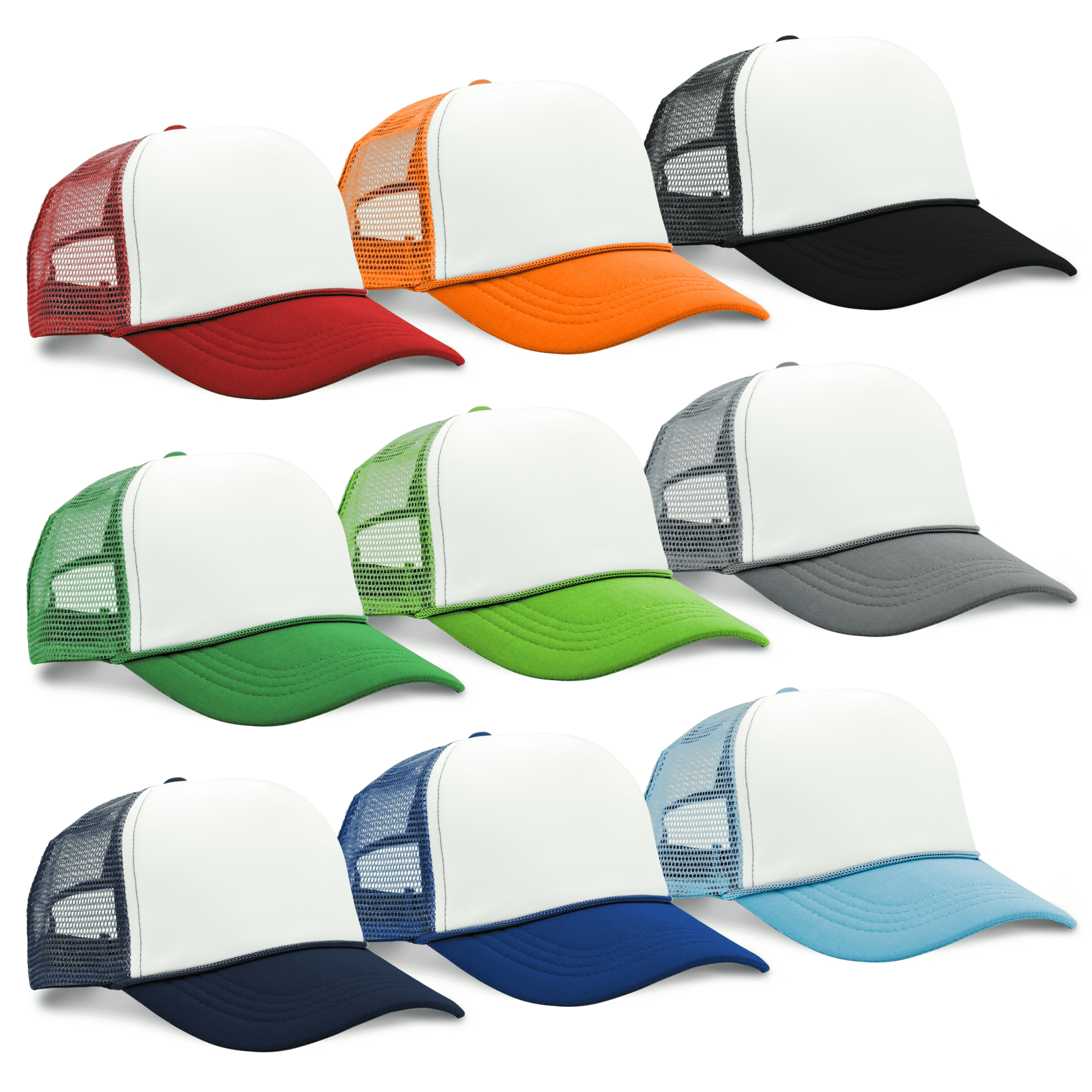 A variety of Trucker Roadhouse Caps in red, orange, black, green, grey, navy, blue, and light blue, featuring mesh sides and a logo.