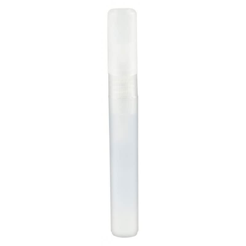 A clear, 10ml sanitiser spray bottle with a white spray nozzle and a smooth surface. It features branding on the bottle.