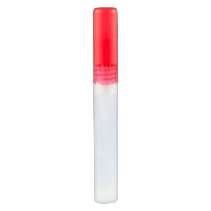 A clear 10ml sanitiser spray bottle with a red cap. The bottle has a minimalist design and features a logo.
