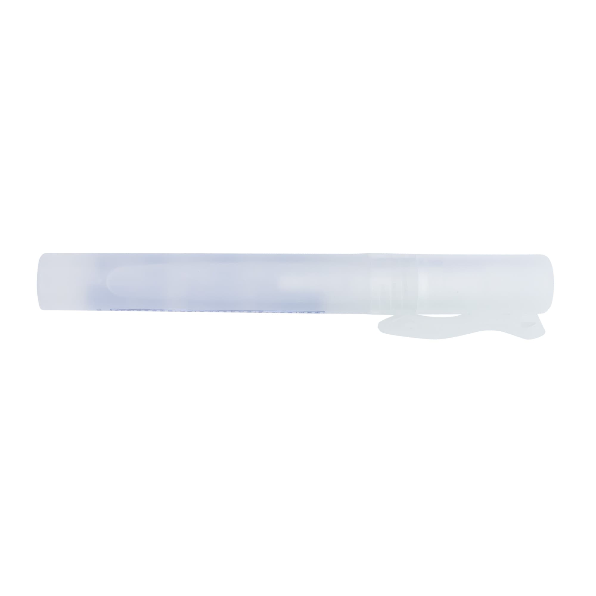 A clear 10ml sanitiser spray bottle with a white cap and an embedded clip for easy attachment.