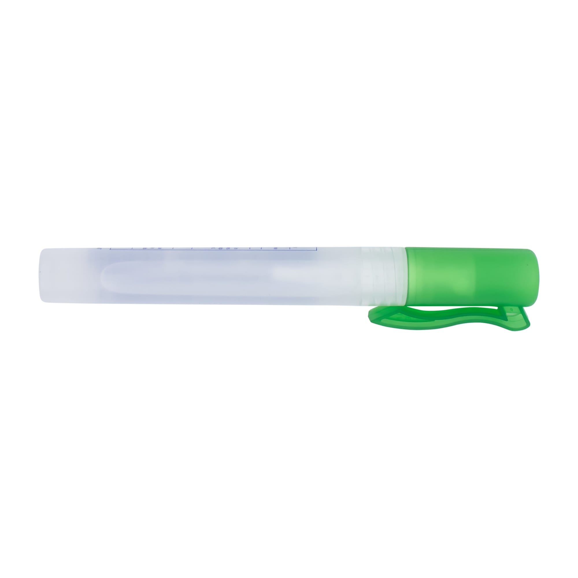 A clear 10ml sanitiser spray with a green cap and clip for easy attachment. Features a logo on the surface.