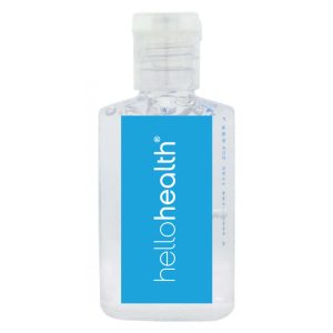 A clear 30ml hand sanitiser gel bottle with a blue label, containing 75% ethyl alcohol. Logo present on the label.