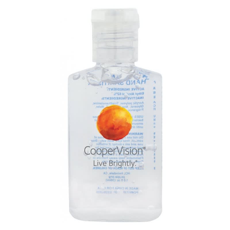 A clear, 30ml hand sanitiser gel with 75% ethyl-alcohol and a logo. The bottle features an orange circle design.