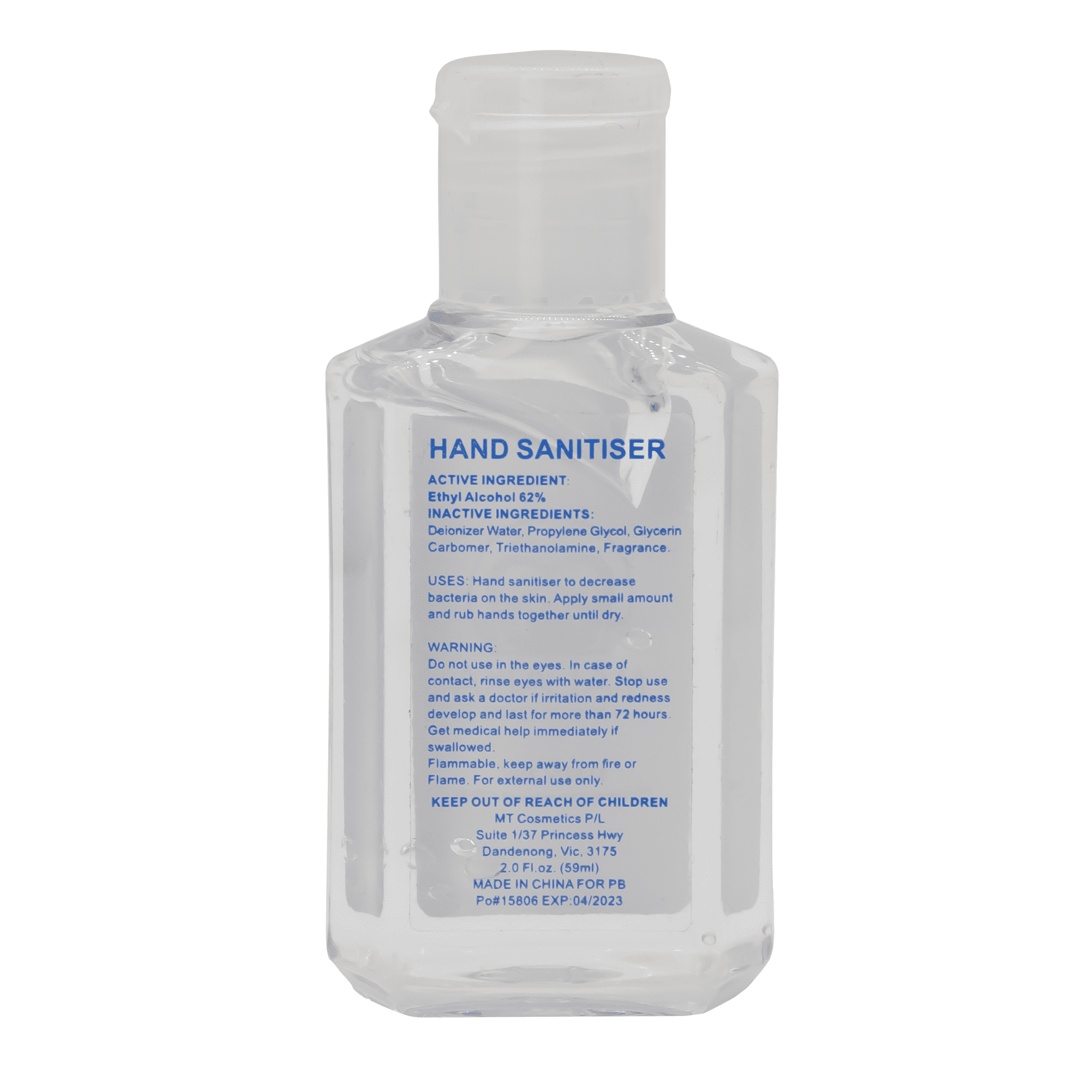 A clear 60ml hand sanitiser gel bottle, containing 75% ethyl-alcohol, with a logo on the front.