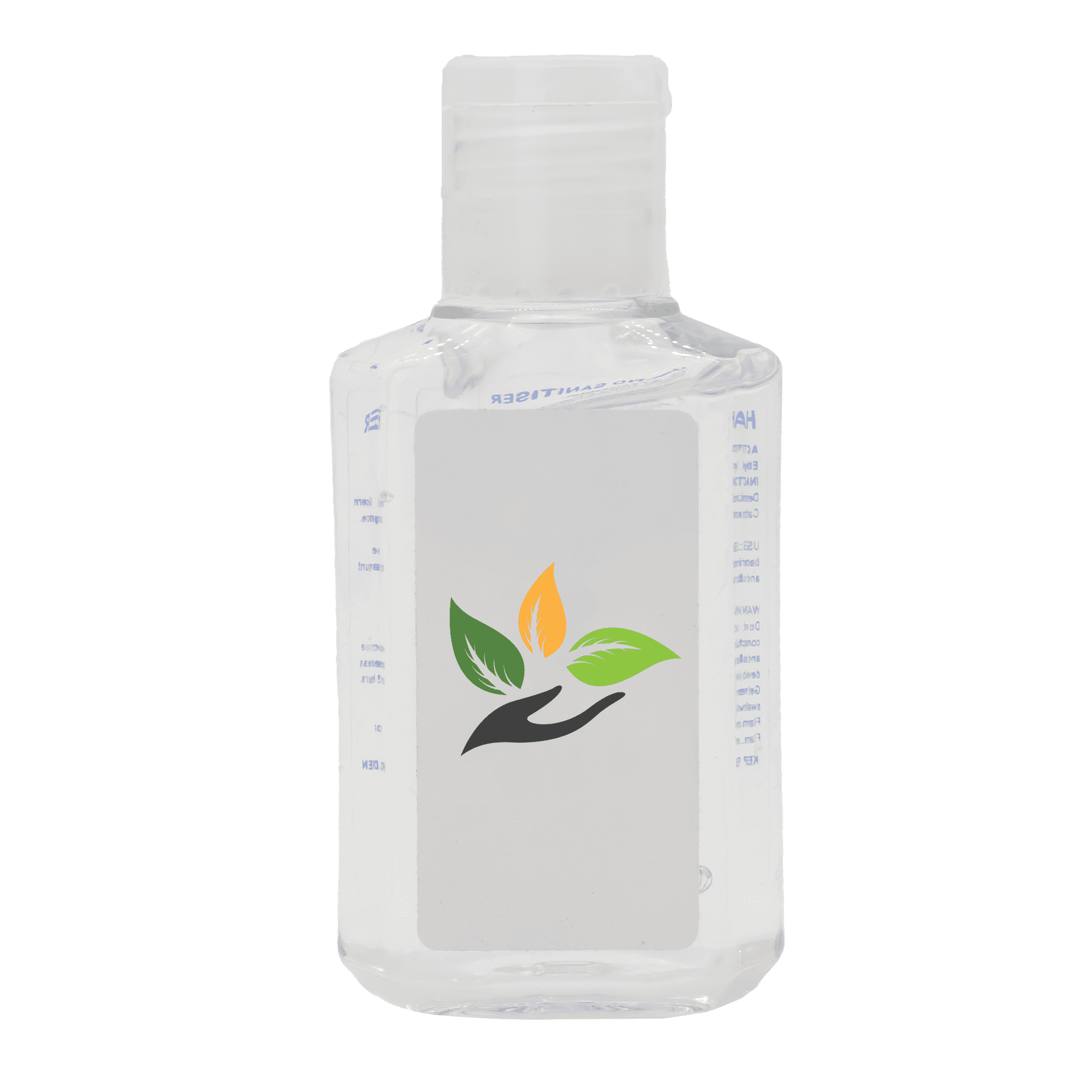 A clear 60ml hand sanitiser gel bottle with a leaf logo, featuring a lemon scent.