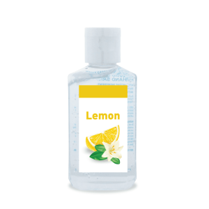 A clear 60ml bottle of hand sanitiser gel with a lemon scent and a label featuring lemon wedges and flowers.