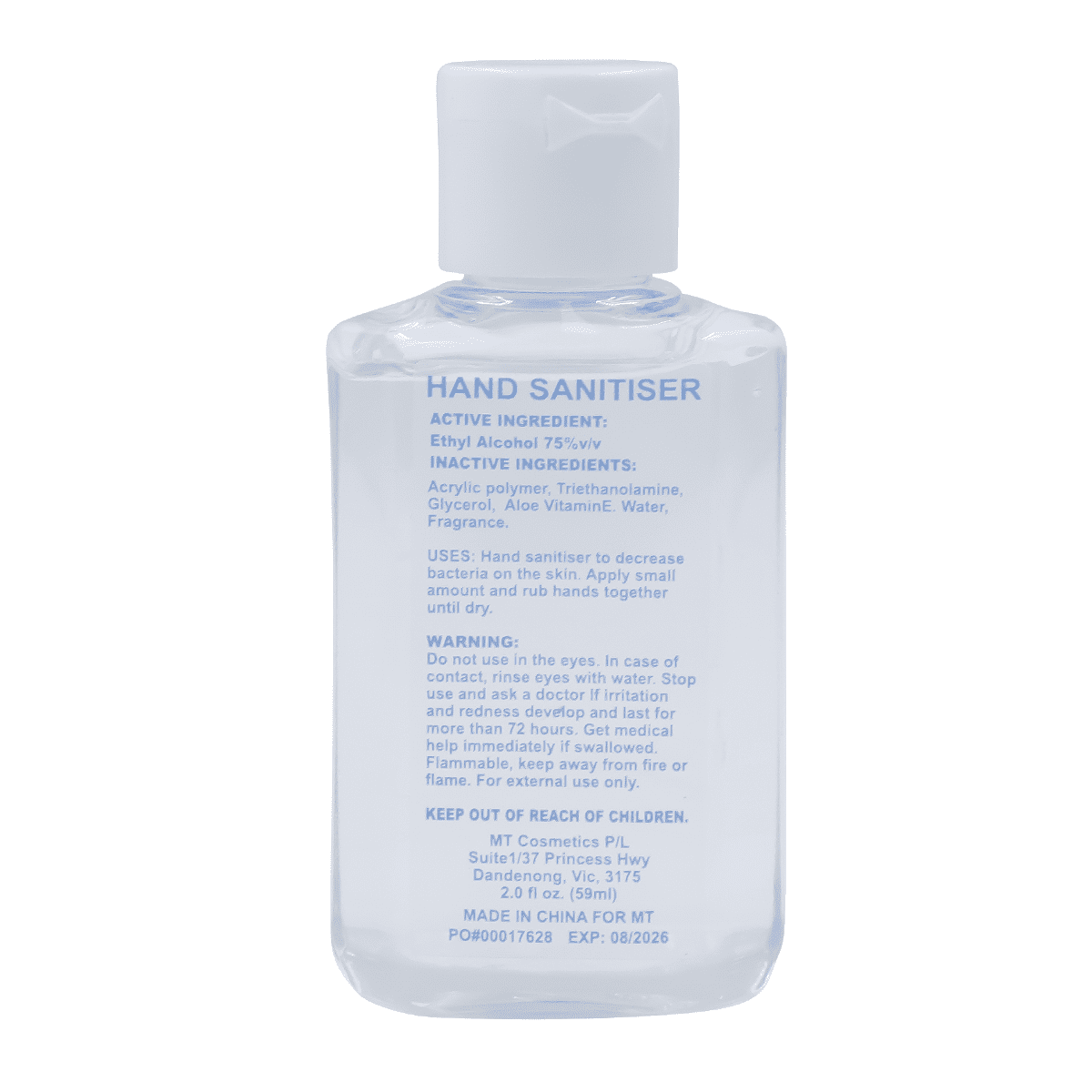 A clear, 60ml bottle of hand sanitiser gel containing 75% ethyl alcohol, with a simple label and a logo.