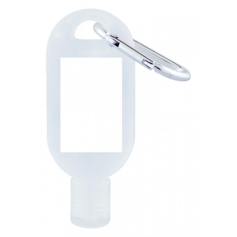 A clear 30mL hand sanitiser bottle with a carabiner and a space for a label.
