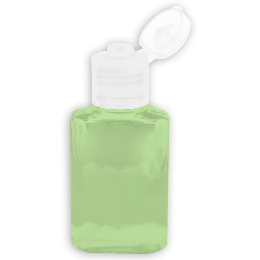 A green 30ml hand sanitiser gel bottle with a white flip-top lid, featuring a logo on the front.