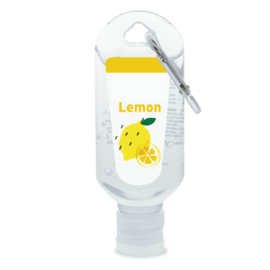 A clear 60mL hand sanitiser bottle with a lemon scent, featuring a carabiner and a logo.