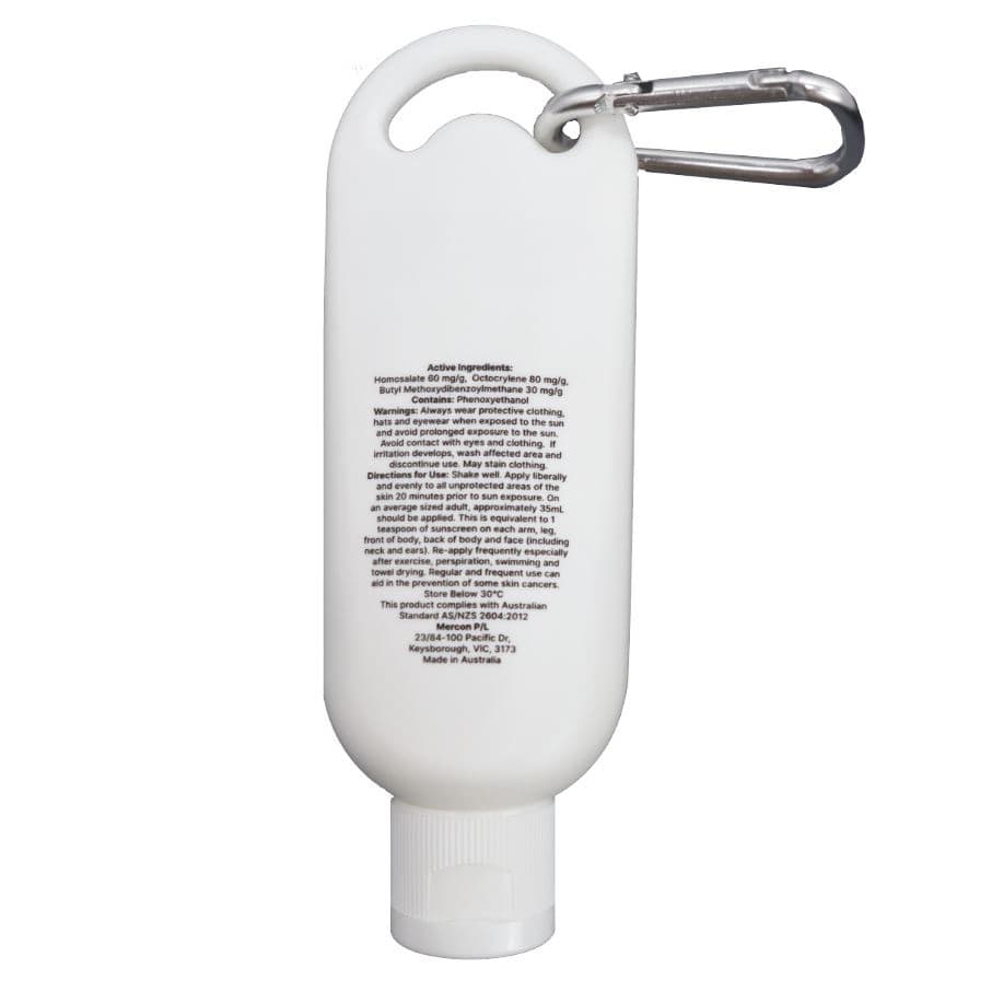 A white 50mL sunscreen bottle with a carabiner attachment, featuring product details on the back.