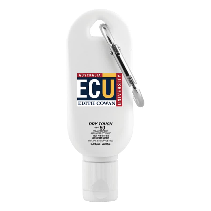 A 50mL white sunscreen bottle with a carabiner clip, featuring a logo in colours of blue, red, and yellow.