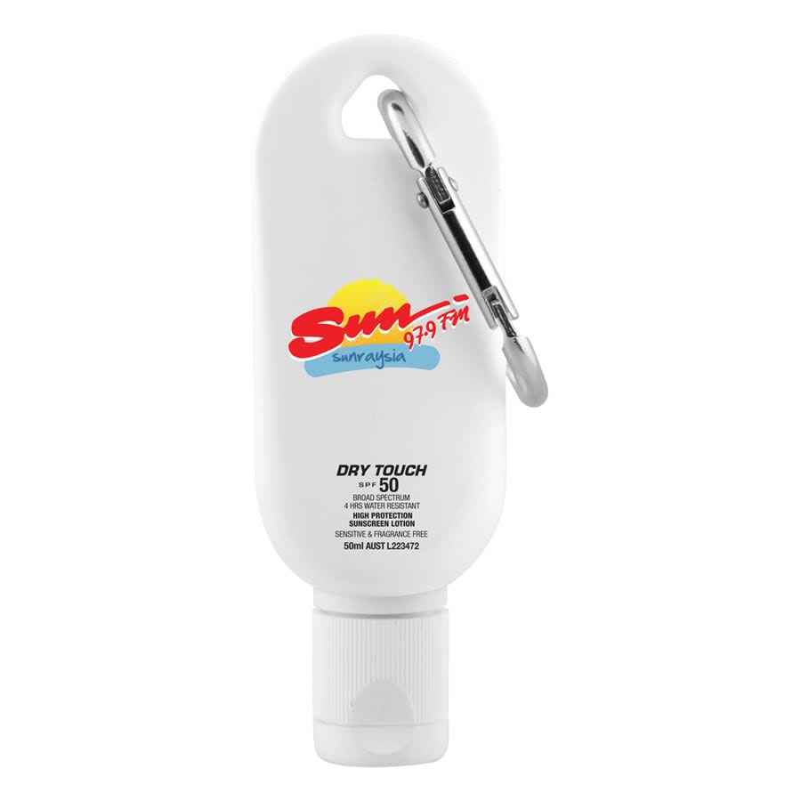 A white sunscreen bottle with a carabiner clip, featuring a colourful logo and a 