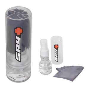 An Eye Glass Cleaner Set featuring a spray bottle and a grey cleaning cloth, contained in a clear cylindrical case.
