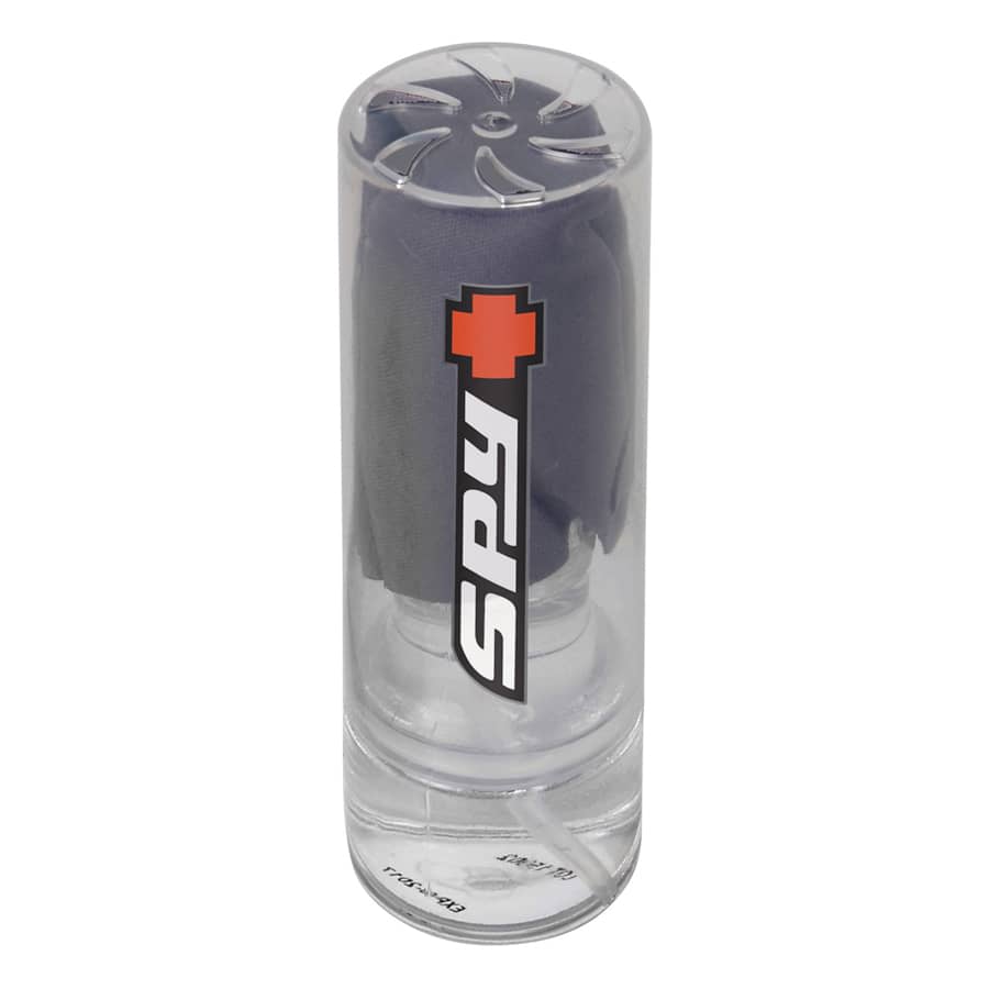 A cleaning set featuring a grey cloth in a clear container with a logo. Ideal for glasses and technology screens.