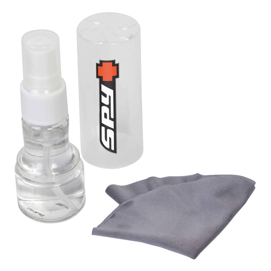A spray bottle with cleaning solution, a grey cleaning cloth, and a clear container featuring a logo.