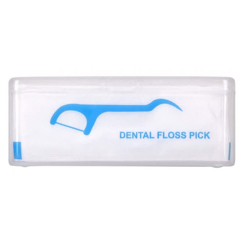 A clear case containing dental floss picks, featuring a blue design and a logo. The pack includes 25 floss picks.