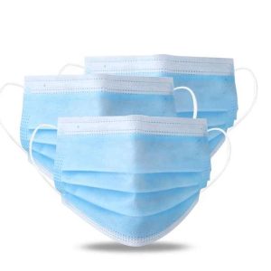 Three light blue triple-layered cloth face masks arranged together, featuring ear loops and a breathable design.