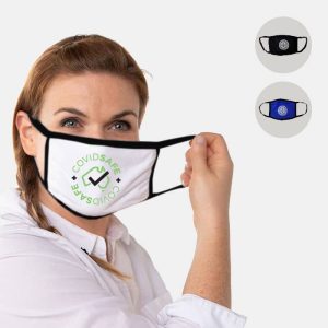A woman holds a white cotton face mask featuring a logo, with black and navy masks displayed beside her.