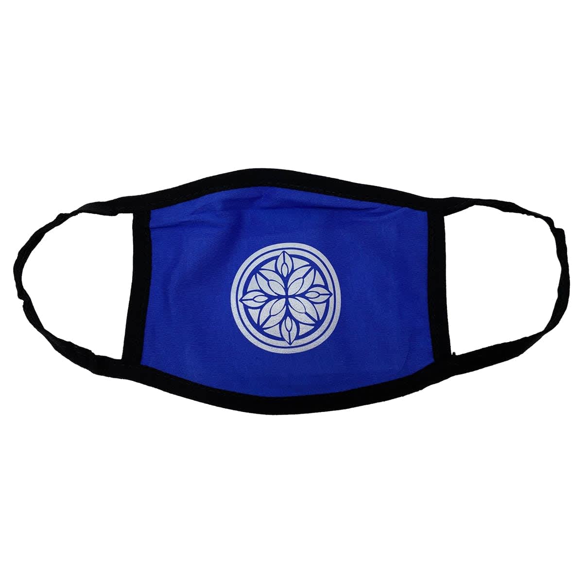 A blue cotton face mask with a black trim and a circular floral emblem in the centre.