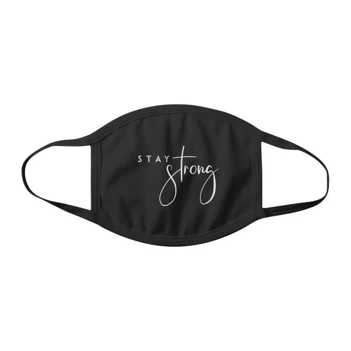 A black cotton face mask featuring the words 