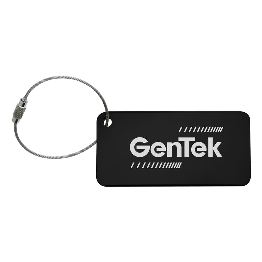 A black luggage tag featuring a logo on a cable attachment.
