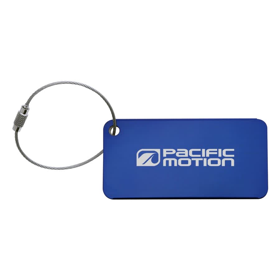 A blue luggage tag with a metal wire attachment and a logo on one side.