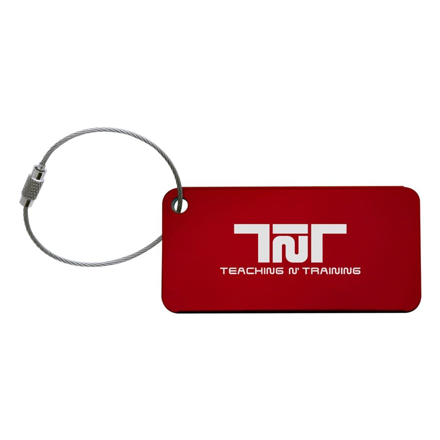 A red luggage tag with a silver wire loop and a logo printed on the front.