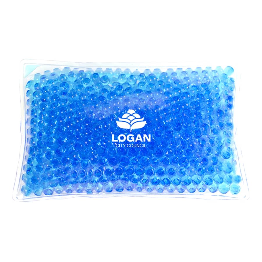 A blue caviar bead cooling pack in a clear plastic pouch, featuring a logo.