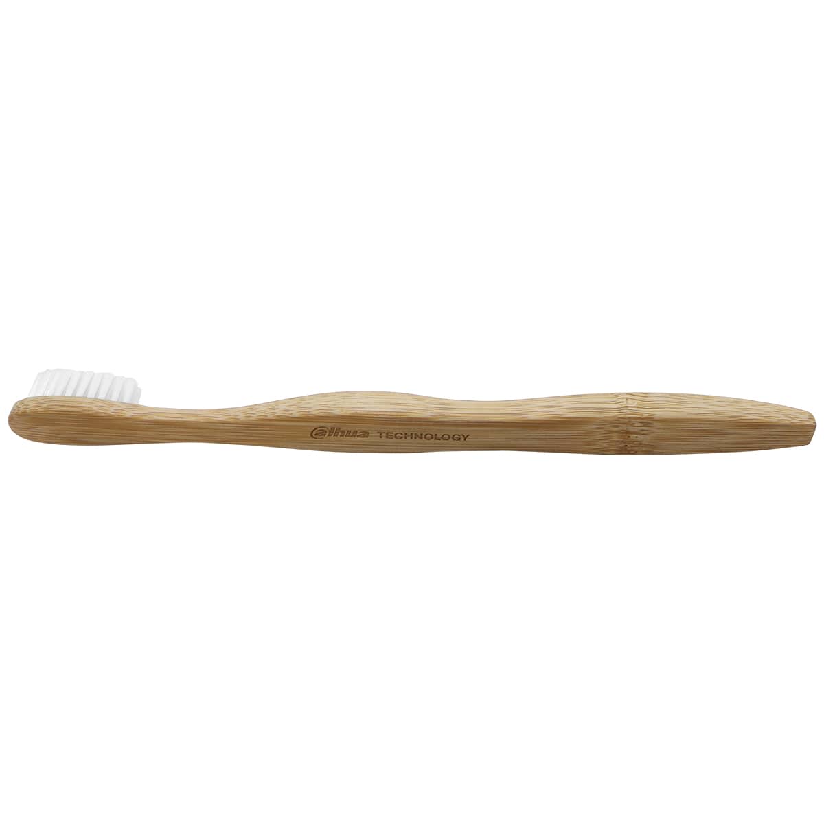 A bamboo toothbrush with a curved handle and white bristles, featuring a simple design and a brand logo.