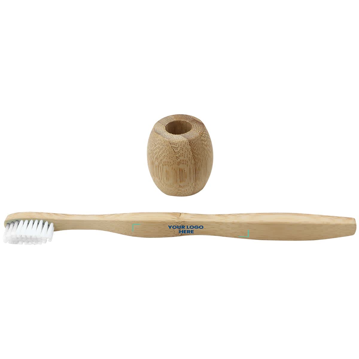 A bamboo toothbrush with a handle and matching holder. Both items feature a natural wood finish.