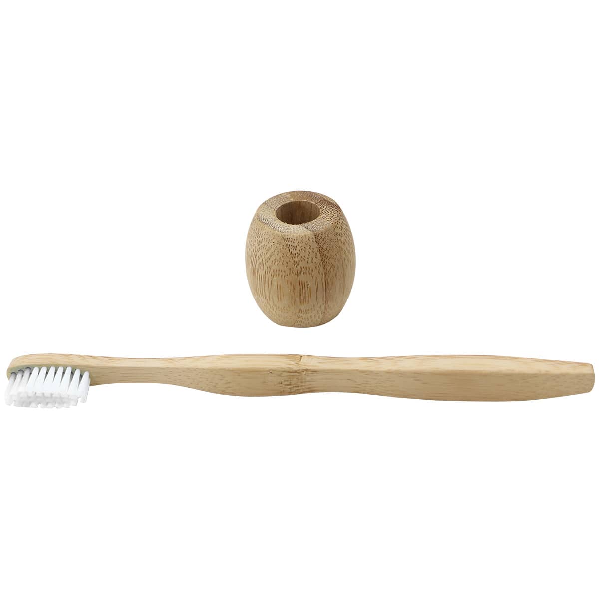 A bamboo toothbrush with a white bristle head and a matching bamboo holder.