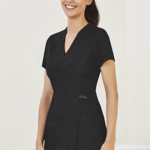 A black women's tunic with short sleeves and a wrap design, featuring a decorative button.