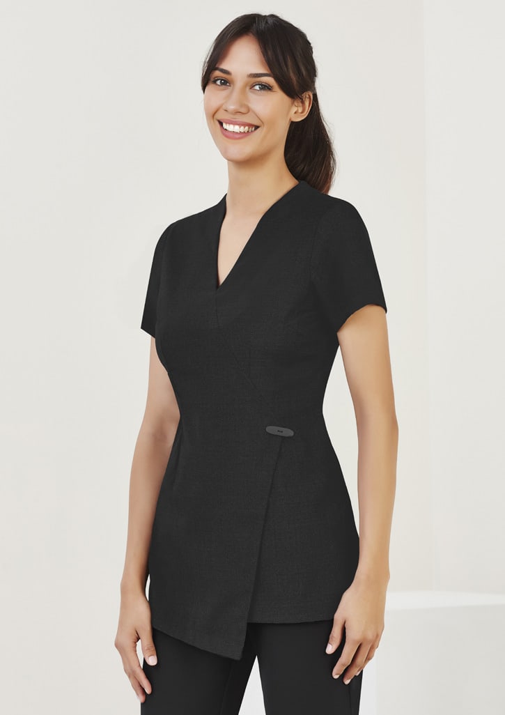 A black women's tunic with short sleeves and a wrap design, featuring a decorative button.