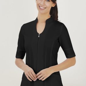 A black women's tunic with a zippered front and short sleeves, featuring a sleek design and a fitted silhouette.