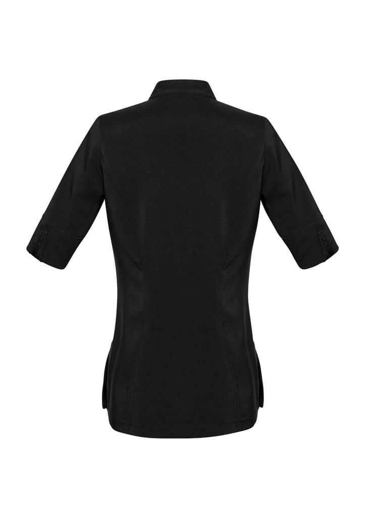 A black women's tunic featuring short sleeves and a tailored back design. It includes a logo on the fabric.
