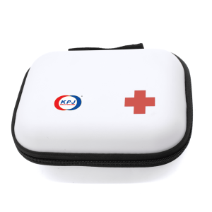 A compact white first aid kit with a red cross and a logo, featuring a zippered closure.