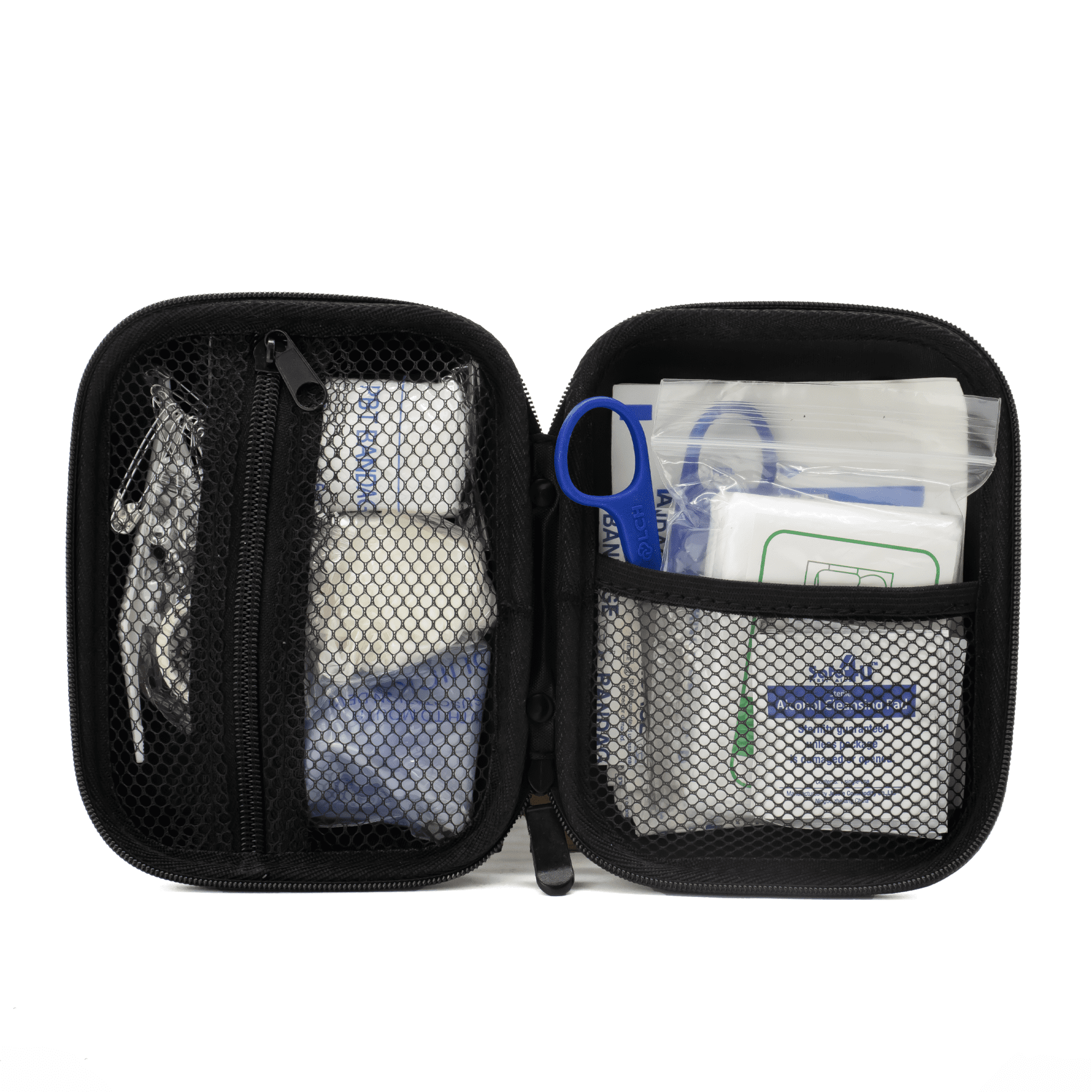 A compact black first aid kit opened to reveal various medical supplies, including dressings, antiseptics, and tools.