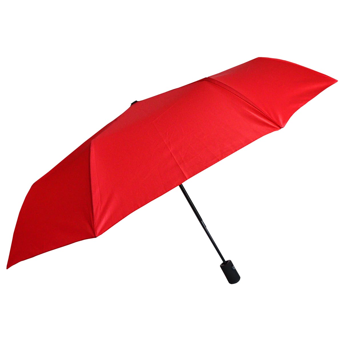 A red umbrella with a black handle and a compact design, featuring a logo on the handle.